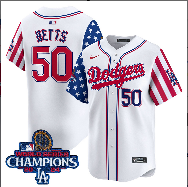 Men MLB Los Angeles Dodgers 50 Betts American Style white 2024 World Series Champions Limited Jersey